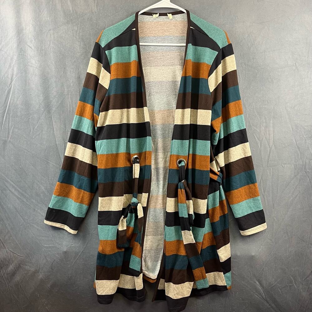 Striped Open Front Cardigan Midlength Stretchy with Belt Women's Medium Boho